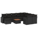 11-Piece Garden Sofa Set with Cushions Black Poly Rattan Wicker Outdoor Patio Furniture