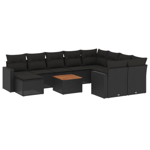 11-Piece Garden Sofa Set with Cushions Black Poly Rattan Wicker Outdoor Patio Furniture