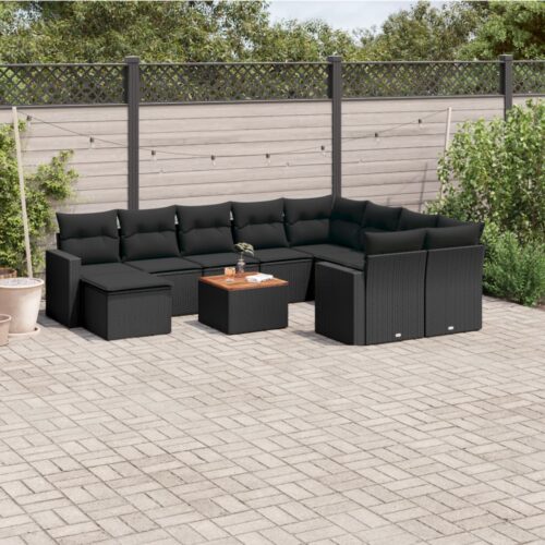 11-Piece Garden Sofa Set with Cushions Black Poly Rattan Wicker Outdoor Patio Furniture - Image 2