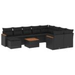 11-Piece Garden Sofa Set with Cushions Black Poly Rattan Wicker Outdoor Patio Furniture