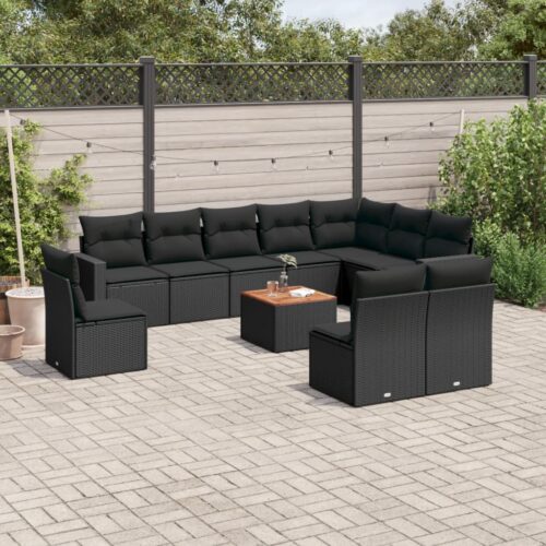11-Piece Garden Sofa Set with Cushions Black Poly Rattan Wicker Outdoor Patio Furniture - Image 2