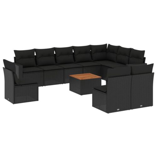 11-Piece Garden Sofa Set with Cushions Black Poly Rattan Wicker Outdoor Patio Furniture - Image 14
