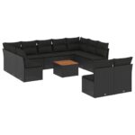 12-Piece Garden Sofa Set with Cushions Black Poly Rattan Wicker Outdoor Patio Furniture