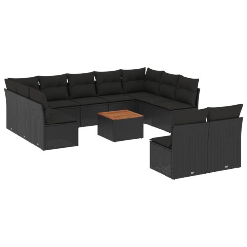 12-Piece Garden Sofa Set with Cushions Black Poly Rattan Wicker Outdoor Patio Furniture
