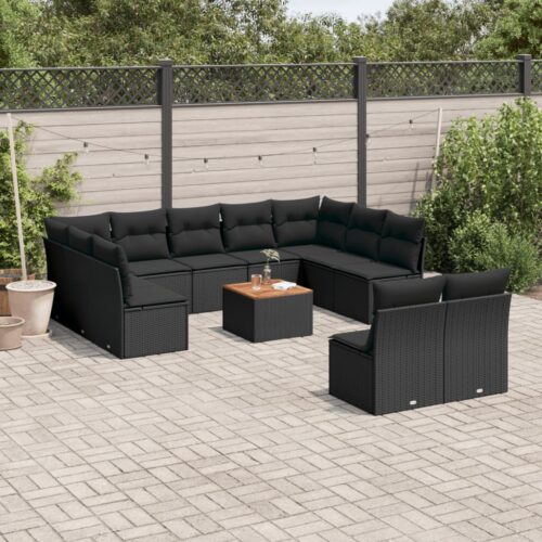 12-Piece Garden Sofa Set with Cushions Black Poly Rattan Wicker Outdoor Patio Furniture - Image 2