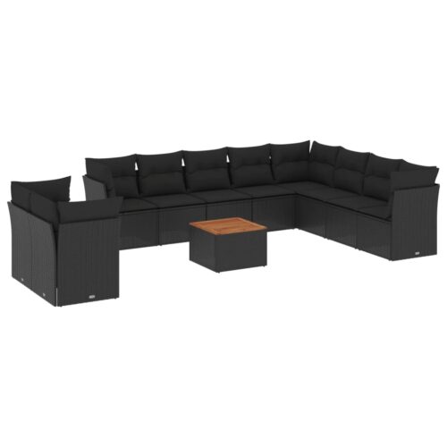 11-Piece Garden Sofa Set with Cushions Black Poly Rattan Wicker Outdoor Patio Furniture - Image 5