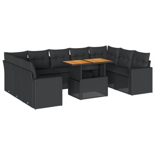 10-Piece Garden Sofa Set with Cushions Black Poly Rattan Wicker Outdoor Patio Furniture - Image 13