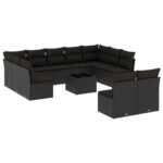 12-Piece Garden Sofa Set with Cushions Black Poly Rattan Wicker Outdoor Patio Furniture