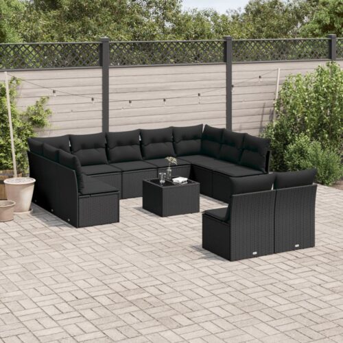 12-Piece Garden Sofa Set with Cushions Black Poly Rattan Wicker Outdoor Patio Furniture - Image 2
