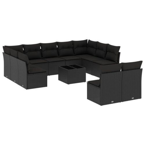 12-Piece Garden Sofa Set with Cushions Black Poly Rattan Wicker Outdoor Patio Furniture - Image 5