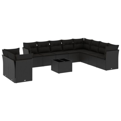 11-Piece Garden Sofa Set with Cushions Black Poly Rattan Wicker Outdoor Patio Furniture - Image 5