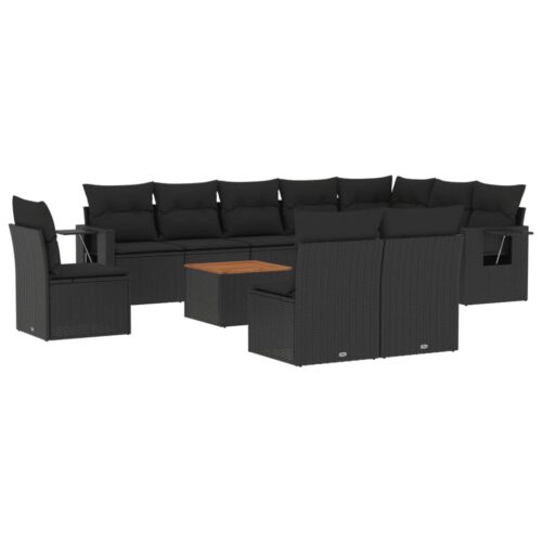 11-Piece Garden Sofa Set with Cushions Black Poly Rattan Wicker Outdoor Patio Furniture