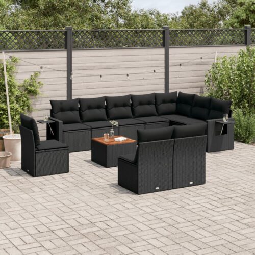 11-Piece Garden Sofa Set with Cushions Black Poly Rattan Wicker Outdoor Patio Furniture - Image 2