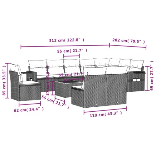 11-Piece Garden Sofa Set with Cushions Black Poly Rattan Wicker Outdoor Patio Furniture - Image 3