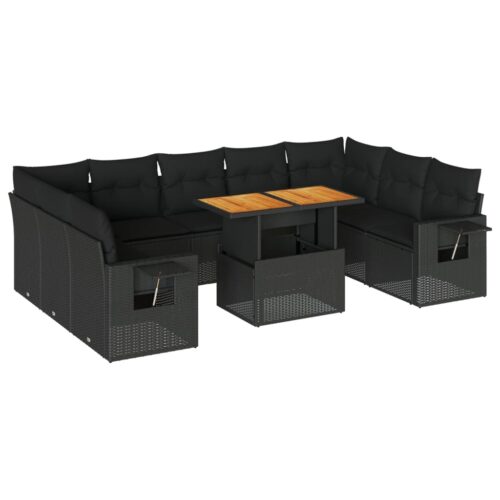 10-Piece Garden Sofa Set with Cushions Black Poly Rattan Wicker Outdoor Patio Furniture