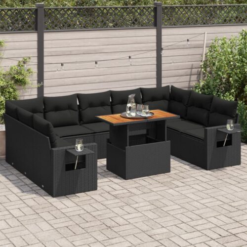 10-Piece Garden Sofa Set with Cushions Black Poly Rattan Wicker Outdoor Patio Furniture - Image 2