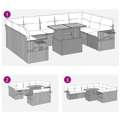 10-Piece Garden Sofa Set with Cushions Black Poly Rattan Wicker Outdoor Patio Furniture - Image 12
