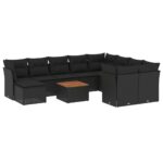 11-Piece Garden Sofa Set with Cushions Black Poly Rattan Wicker Outdoor Patio Furniture
