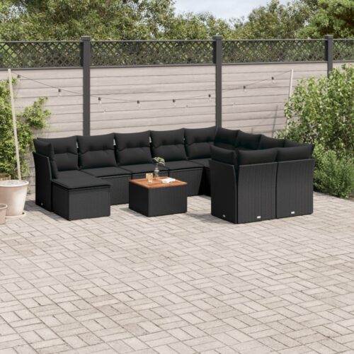 11-Piece Garden Sofa Set with Cushions Black Poly Rattan Wicker Outdoor Patio Furniture - Image 2