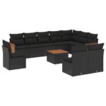 11-Piece Garden Sofa Set with Cushions Black Poly Rattan Wicker Outdoor Patio Furniture