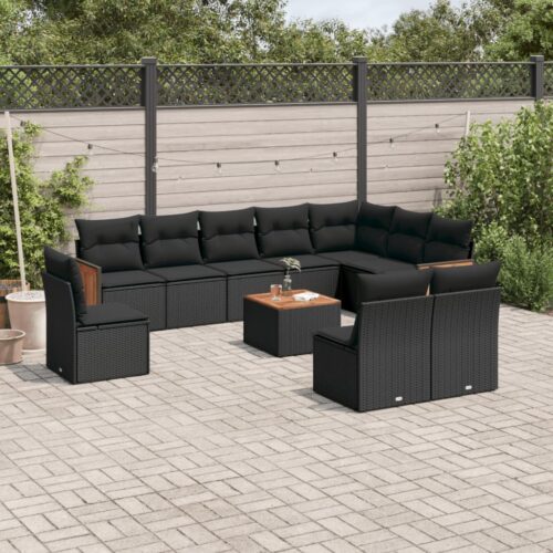 11-Piece Garden Sofa Set with Cushions Black Poly Rattan Wicker Outdoor Patio Furniture - Image 2