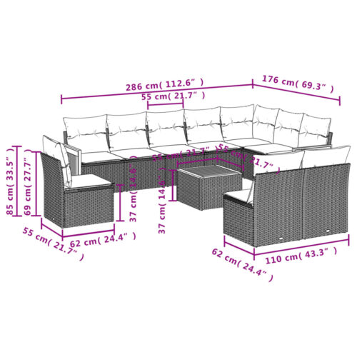11-Piece Garden Sofa Set with Cushions Black Poly Rattan Wicker Outdoor Patio Furniture - Image 3