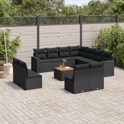 12-Piece Garden Sofa Set with Cushions Black Poly Rattan Wicker Outdoor Patio Furniture - Image 2