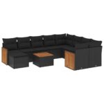 11-Piece Garden Sofa Set with Cushions Black Poly Rattan Wicker Outdoor Patio Furniture