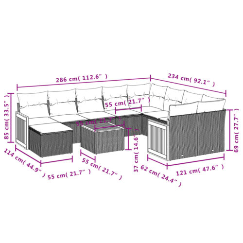 11-Piece Garden Sofa Set with Cushions Black Poly Rattan Wicker Outdoor Patio Furniture - Image 3