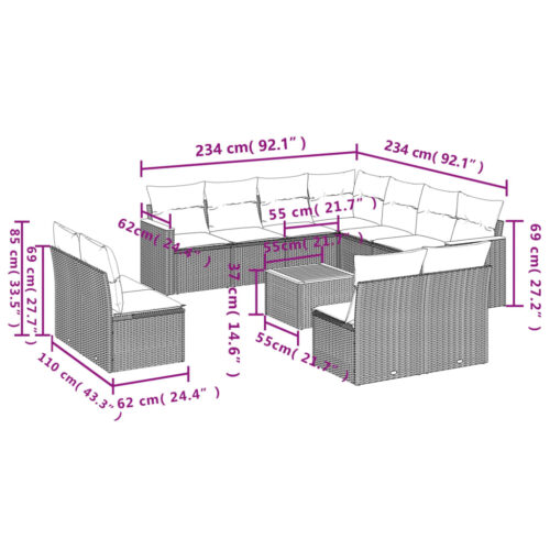 12-Piece Garden Sofa Set with Cushions Black Poly Rattan Wicker Outdoor Patio Furniture - Image 8