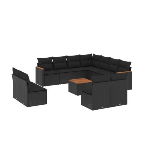 12-Piece Garden Sofa Set with Cushions Black Poly Rattan Wicker Outdoor Patio Furniture - Image 14