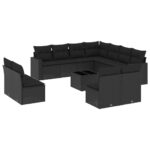 12-Piece Garden Sofa Set with Cushions Black Poly Rattan Wicker Outdoor Patio Furniture
