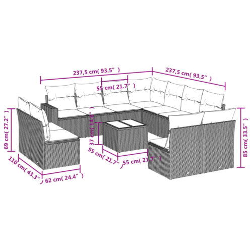 12-Piece Garden Sofa Set with Cushions Black Poly Rattan Wicker Outdoor Patio Furniture - Image 3