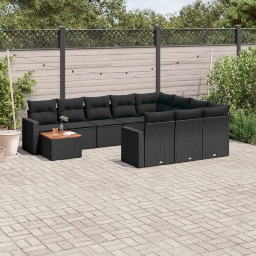 11-Piece Garden Sofa Set with Cushions Black Poly Rattan Wicker Outdoor Patio Furniture - Image 2