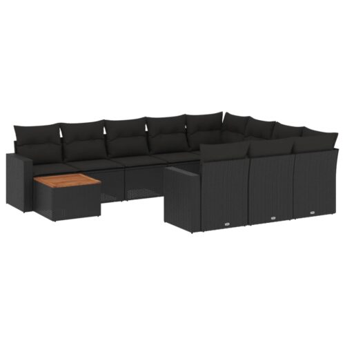 11-Piece Garden Sofa Set with Cushions Black Poly Rattan Wicker Outdoor Patio Furniture - Image 14