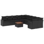 11-Piece Garden Sofa Set with Cushions Black Poly Rattan Wicker Outdoor Patio Furniture