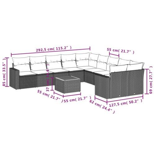 11-Piece Garden Sofa Set with Cushions Black Poly Rattan Wicker Outdoor Patio Furniture - Image 12
