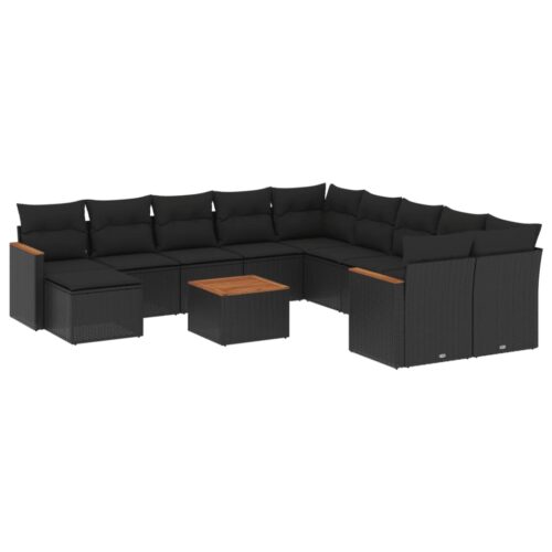 12-Piece Garden Sofa Set with Cushions Black Poly Rattan Wicker Outdoor Patio Furniture