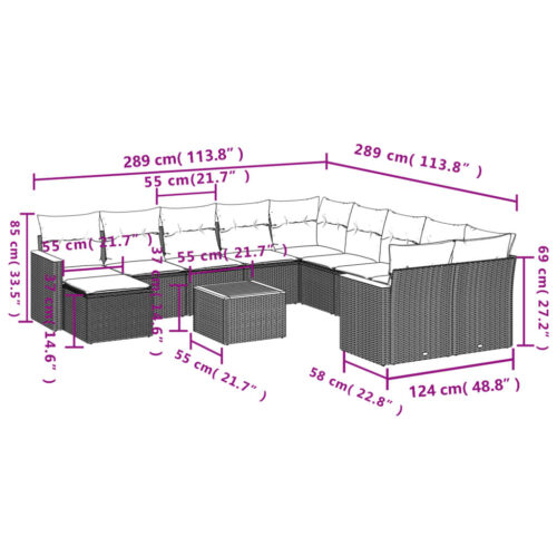 12-Piece Garden Sofa Set with Cushions Black Poly Rattan Wicker Outdoor Patio Furniture - Image 9