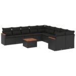11-Piece Garden Sofa Set with Cushions Black Poly Rattan Wicker Outdoor Patio Furniture