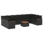 11-Piece Garden Sofa Set with Cushions Black Poly Rattan Wicker Outdoor Patio Furniture