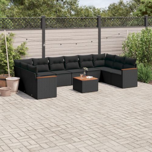 11-Piece Garden Sofa Set with Cushions Black Poly Rattan Wicker Outdoor Patio Furniture - Image 2