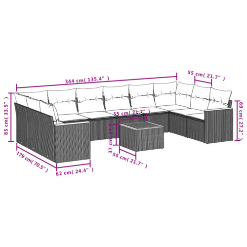 11-Piece Garden Sofa Set with Cushions Black Poly Rattan Wicker Outdoor Patio Furniture - Image 3