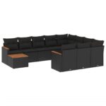 11-Piece Garden Sofa Set with Cushions Black Poly Rattan Wicker Outdoor Patio Furniture