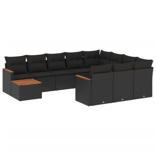 11-Piece Garden Sofa Set with Cushions Black Poly Rattan Wicker Outdoor Patio Furniture