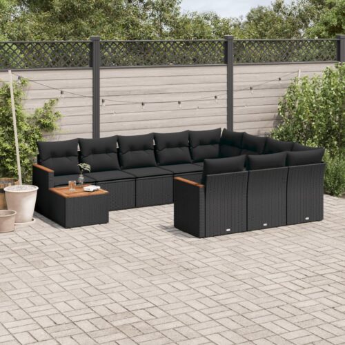 11-Piece Garden Sofa Set with Cushions Black Poly Rattan Wicker Outdoor Patio Furniture - Image 2