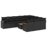 11-Piece Garden Sofa Set with Cushions Black Poly Rattan Wicker Outdoor Patio Furniture