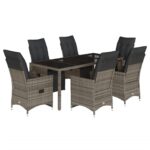 7-Piece Garden Bistro Set with Cushions Grey Poly Rattan Wicker Outdoor Patio Furniture
