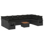 11-Piece Garden Sofa Set with Cushions Black Poly Rattan Wicker Outdoor Patio Furniture