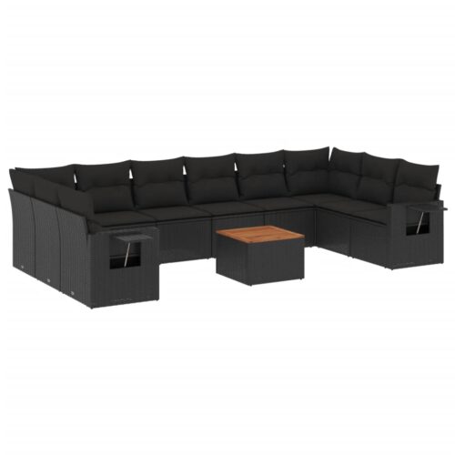11-Piece Garden Sofa Set with Cushions Black Poly Rattan Wicker Outdoor Patio Furniture